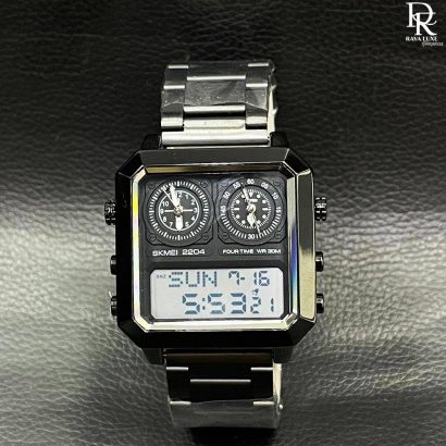 SKMEI Four-Time Display Watch – Stainless Steel | Waterproof | Alarm & Stopwatch