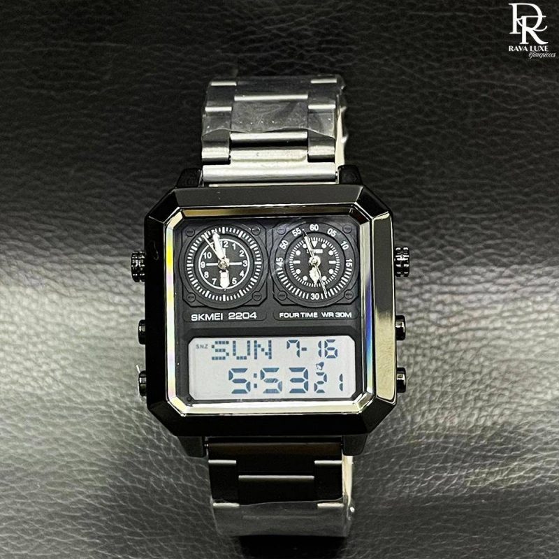 SKMEI Four-Time Display Watch – Stainless Steel | Waterproof | Alarm & Stopwatch