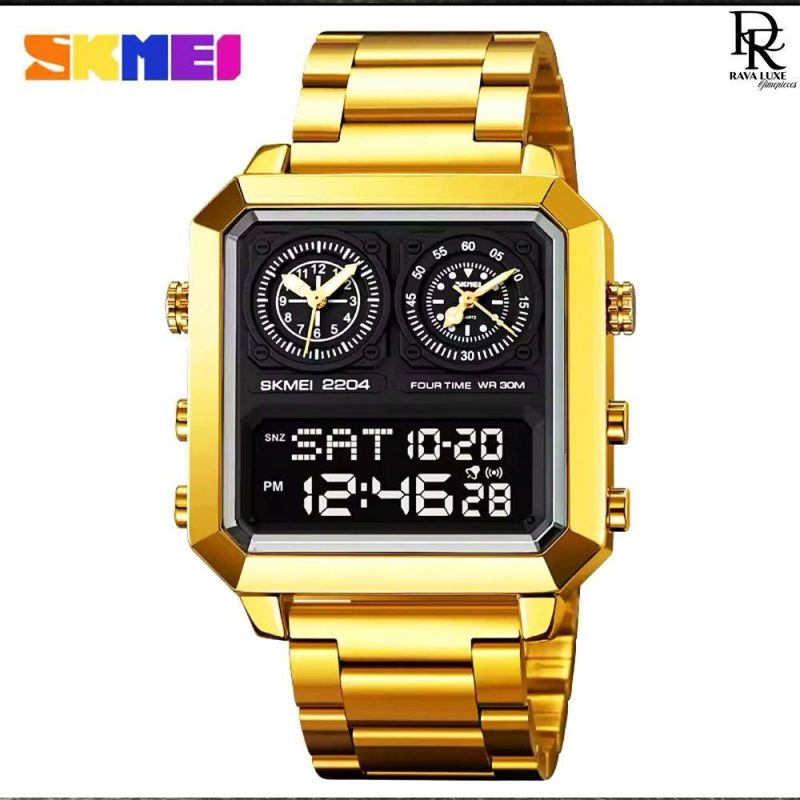 SKMEI Four-Time Display Watch – Stainless Steel | Waterproof | Alarm & Stopwatch
