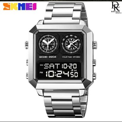 SKMEI Four-Time Display Watch – Stainless Steel | Waterproof | Alarm & Stopwatch