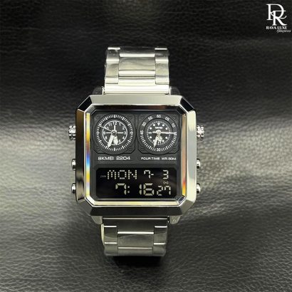 SKMEI Four-Time Display Watch – Stainless Steel | Waterproof | Alarm & Stopwatch