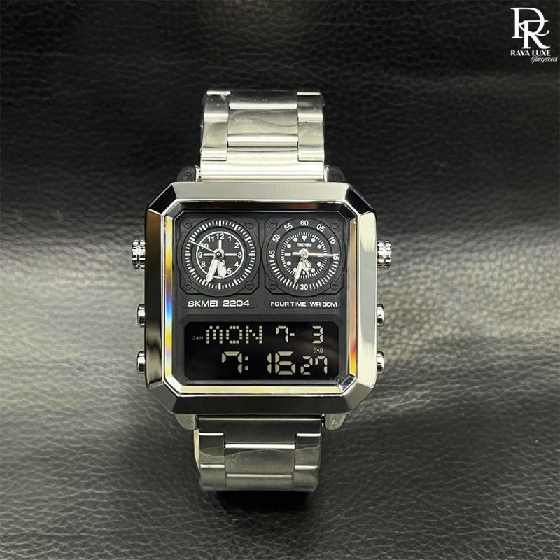 SKMEI Four-Time Display Watch – Stainless Steel | Waterproof | Alarm & Stopwatch