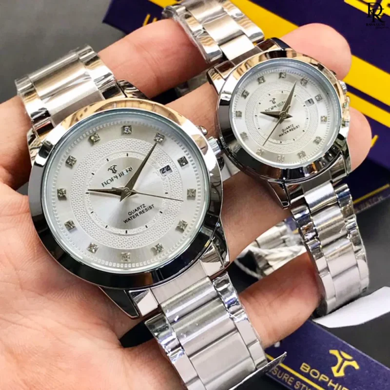 Bophieri original watch, Bophieri pair watches Pakistan, couple watches with stone dial, Bophieri stainless steel watch set, his and her watches 2025, quartz couple watches under 6000, premium pair watches with gift box