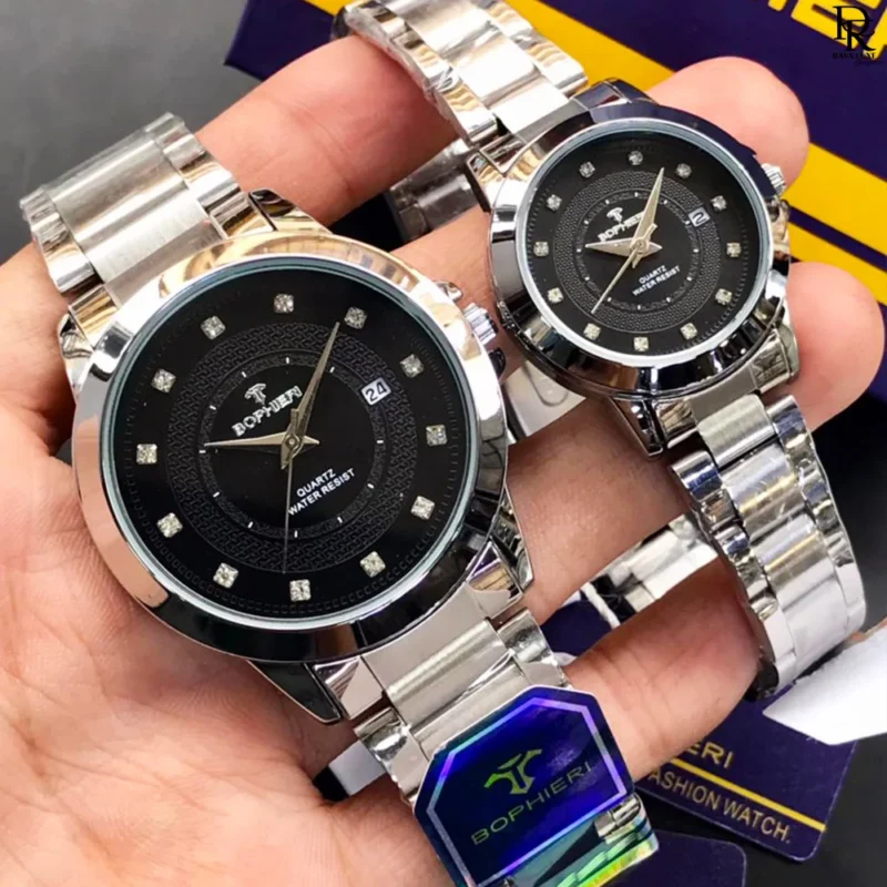 Bophieri original watch, Bophieri pair watches Pakistan, couple watches with stone dial, Bophieri stainless steel watch set, his and her watches 2025, quartz couple watches under 6000, premium pair watches with gift box