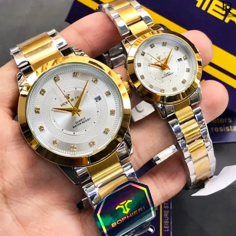Bophieri original watch, Bophieri pair watches Pakistan, couple watches with stone dial, Bophieri stainless steel watch set, his and her watches 2025, quartz couple watches under 6000, premium pair watches with gift box