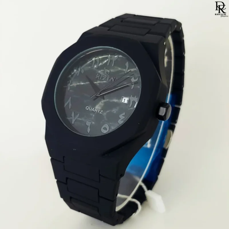 Rizen AURA watch, black Arabic dial watch, quartz watch with date, fiber body wristwatch, Rizen AURA price in Pakistan, men’s fashion watch under 3000, luxury affordable watches