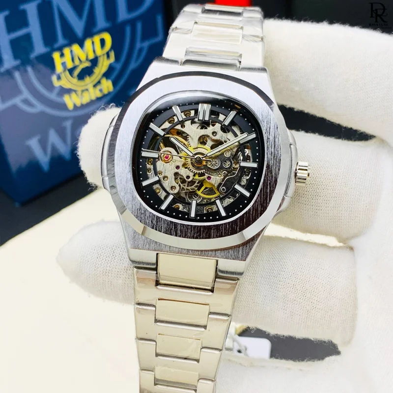 automatic skeleton watch Pakistan, Patek shape men’s watch, stainless steel skeleton wristwatch, skeleton automatic gents watch, trendy men’s watches 2025, luxury skeleton watch under 7000