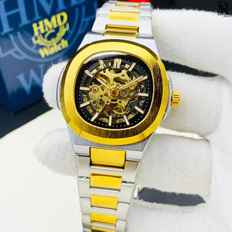 automatic skeleton watch Pakistan, Patek shape men’s watch, stainless steel skeleton wristwatch, skeleton automatic gents watch, trendy men’s watches 2025, luxury skeleton watch under 7000