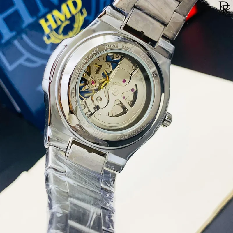 automatic skeleton watch Pakistan, Patek shape men’s watch, stainless steel skeleton wristwatch, skeleton automatic gents watch, trendy men’s watches 2025, luxury skeleton watch under 7000
