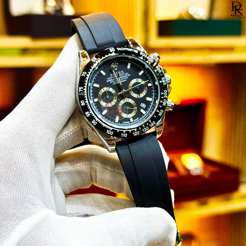 rolex second copy watch Pakistan, chronograph rubber strap watch, luxury men’s watches 2025, affordable rolex replica, quartz chronograph watch, premium rubber watch, Rava Luxe men collection
