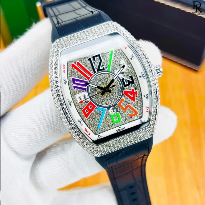 Franck Muller iced watch, Franck Muller full stone watch Pakistan, diamond watch men’s, luxury leather strap watch, Franck Muller 2025 edition, luxury watches under 5000, iced out wristwatch Pakistan