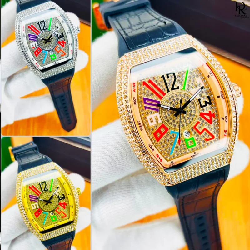 Franck Muller iced watch, Franck Muller full stone watch Pakistan, diamond watch men’s, luxury leather strap watch, Franck Muller 2025 edition, luxury watches under 5000, iced out wristwatch Pakistan