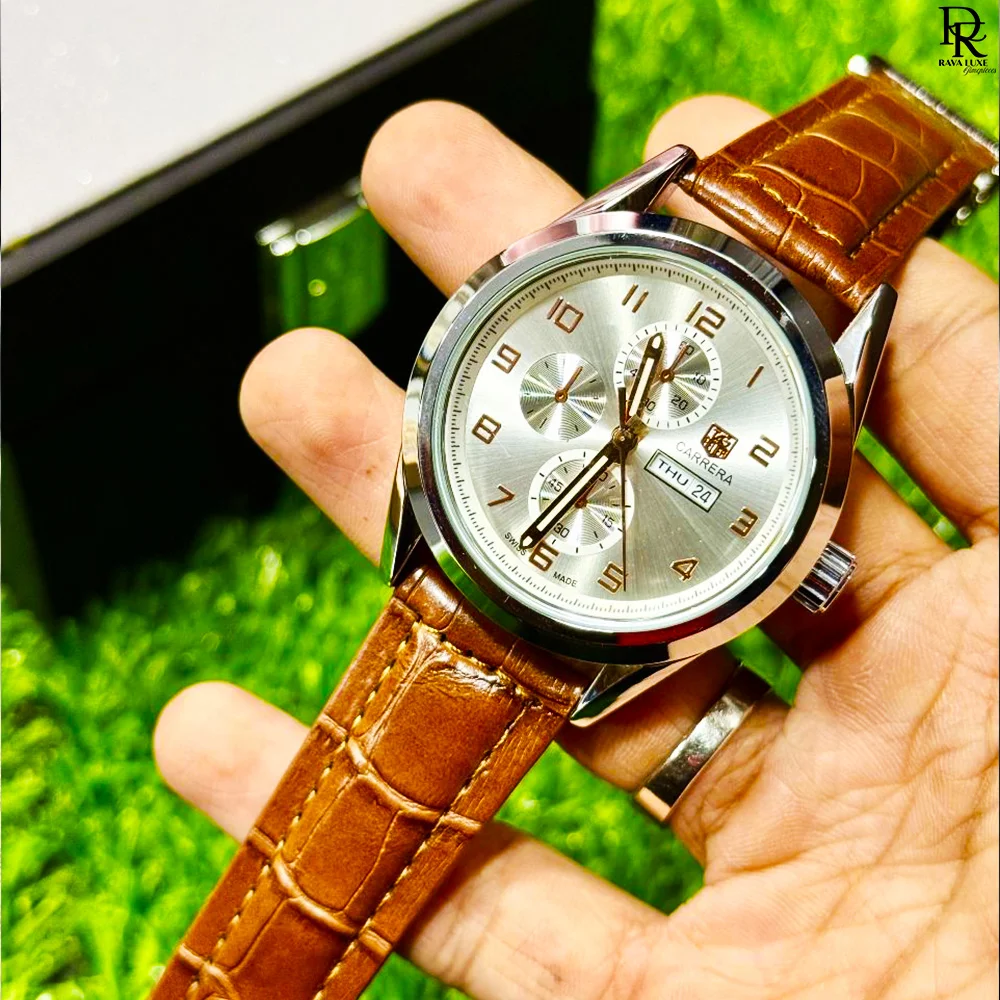 52 TAG Heuer Carrera Pakistan, TAG Carrera leather watch, menβs quartz watches under 4000, Carrera day date model, luxury menβs watch Pakistan, TAG Heuer 2025 model, RavaLuxe watches