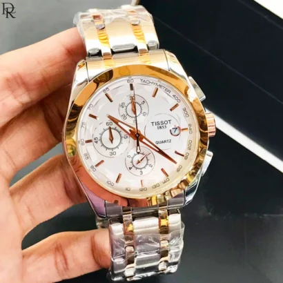 This piece delivers the Tissot look and dial architecture at a far more accessible price. The full chronograph is working, not printed dummy dials.