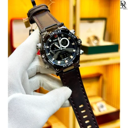 Tubular watch, analogue digital watch, hybrid leather watch, premium dual display watch, quartz leather strap watch, men’s hybrid wristwatch.