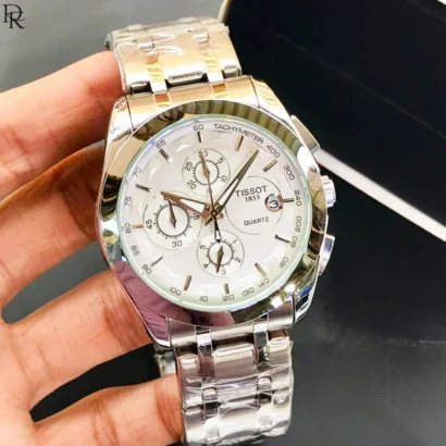 This piece delivers the Tissot look and dial architecture at a far more accessible price. The full chronograph is working, not printed dummy dials.