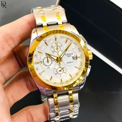 This piece delivers the Tissot look and dial architecture at a far more accessible price. The full chronograph is working, not printed dummy dials.