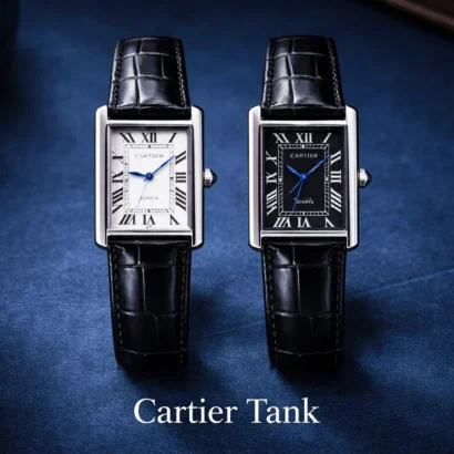 A Cartier Tank–style slim watch with leather strap and classic rectangular case — elegant design at an affordable price.