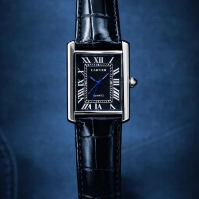 A Cartier Tank–style slim watch with leather strap and classic rectangular case — elegant design at an affordable price.
