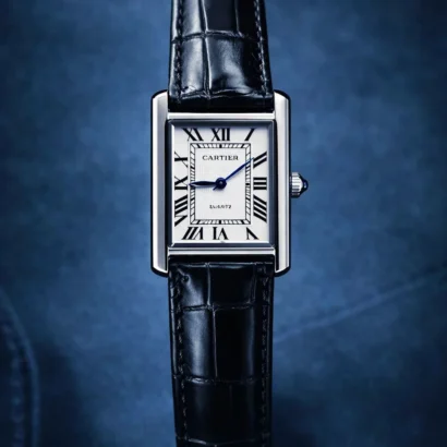 A Cartier Tank–style slim watch with leather strap and classic rectangular case — elegant design at an affordable price.