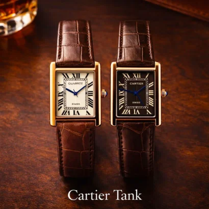 A Cartier Tank–style slim watch with leather strap and classic rectangular case — elegant design at an affordable price.