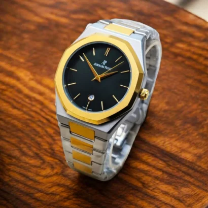 An Audemars Piguet–style men’s watch with stainless steel chain, butterfly lock, and working date — bold design at an affordable price.