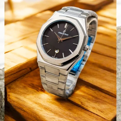 An Audemars Piguet–style men’s watch with stainless steel chain, butterfly lock, and working date — bold design at an affordable price.