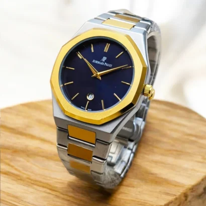 An Audemars Piguet–style men’s watch with stainless steel chain, butterfly lock, and working date — bold design at an affordable price.