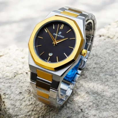 An Audemars Piguet–style men’s watch with stainless steel chain, butterfly lock, and working date — bold design at an affordable price.