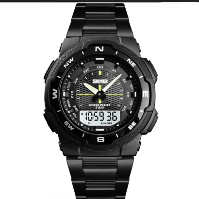 🕰️ SKMEI – Dual Time Analog & Digital Watch 7 An original SKMEI dual-time watch with analog + digital display, stainless steel chain, and a sporty, heavy build — practical and tough.