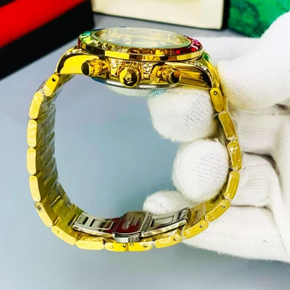 A Rolex-style rainbow stone watch with working date, butterfly lock, and bold luxury look — made for shine, not Swiss horology.