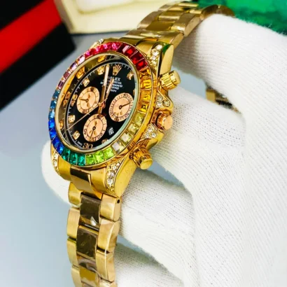 A Rolex-style rainbow stone watch with working date, butterfly lock, and bold luxury look — made for shine, not Swiss horology.