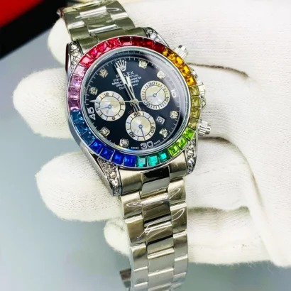A Rolex-style rainbow stone watch with working date, butterfly lock, and bold luxury look — made for shine, not Swiss horology.