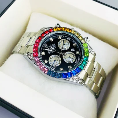 A Rolex-style rainbow stone watch with working date, butterfly lock, and bold luxury look — made for shine, not Swiss horology.