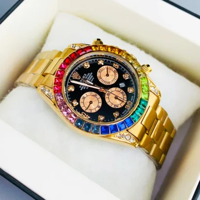 A Rolex-style rainbow stone watch with working date, butterfly lock, and bold luxury look — made for shine, not Swiss horology.