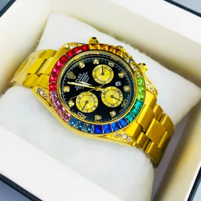 A Rolex-style rainbow stone watch with working date, butterfly lock, and bold luxury look — made for shine, not Swiss horology.