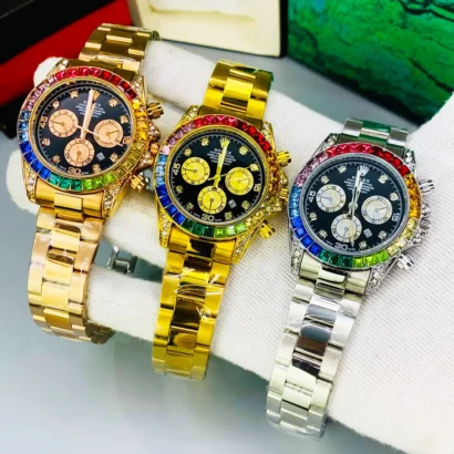 A Rolex-style rainbow stone watch with working date, butterfly lock, and bold luxury look — made for shine, not Swiss horology.
