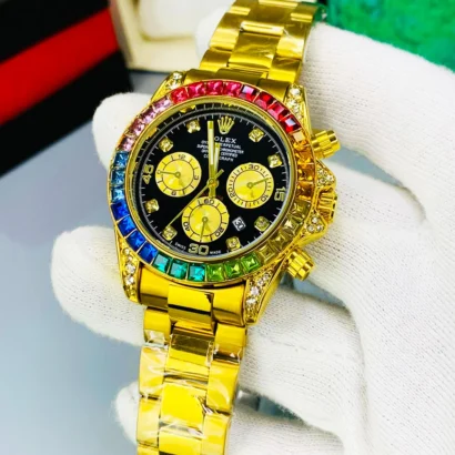 A Rolex-style rainbow stone watch with working date, butterfly lock, and bold luxury look — made for shine, not Swiss horology.