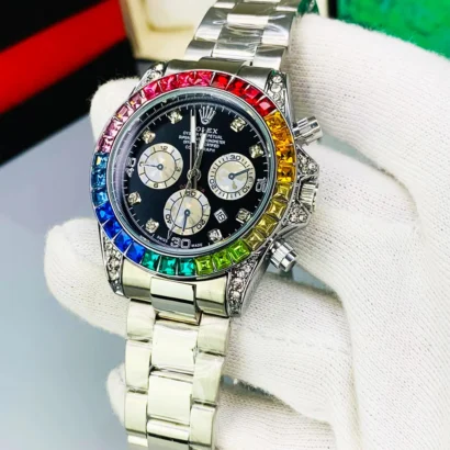 A Rolex-style rainbow stone watch with working date, butterfly lock, and bold luxury look — made for shine, not Swiss horology.
