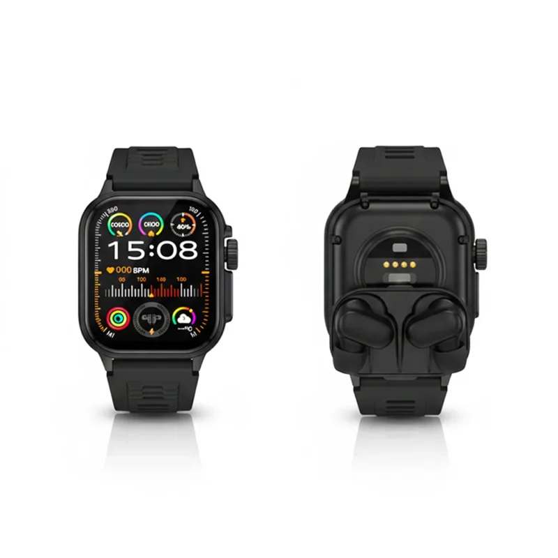 A special-edition smart watch featuring built-in wireless earbuds, AMOLED display, metal body, and dual straps — all-in-one wearable convenience.