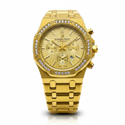 An AP-style men’s wrist watch with stainless-steel chain & back, butterfly lock, and a bold luxury-inspired look — affordable and wearable.