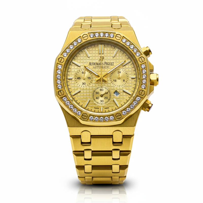 An AP-style men’s wrist watch with stainless-steel chain & back, butterfly lock, and a bold luxury-inspired look — affordable and wearable.