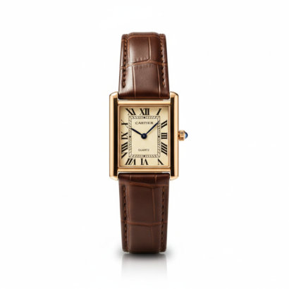 A Cartier Tank–style slim watch with leather strap and classic rectangular case — elegant design at an affordable price.