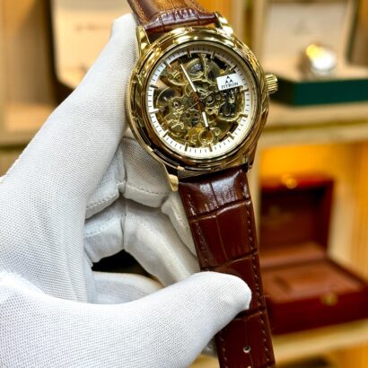 FITRON automatic watch, skeleton automatic watch Pakistan, open back automatic watch, leather strap mechanical watch, budget automatic watch