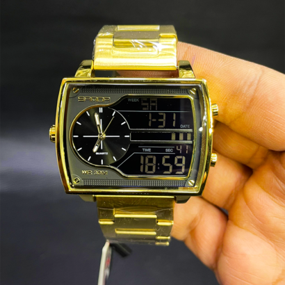SANDA analog digital watch Pakistan, square dial men watch, analog digital sports watch, stainless steel digital watch Pakistan, water resistant men watch, SANDA quartz watch