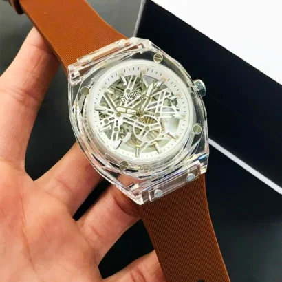 GUIPIN original men’s skeleton watch with transparent case, round dial, quartz movement, and silicone strap — bold design with smooth performance.