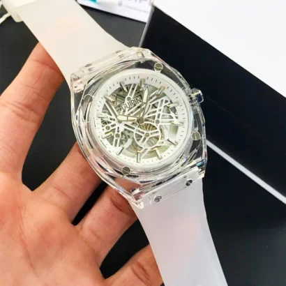 GUIPIN original men’s skeleton watch with transparent case, round dial, quartz movement, and silicone strap — bold design with smooth performance.