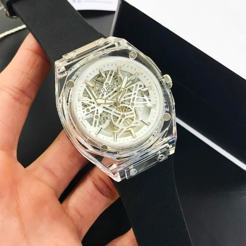 GUIPIN original men’s skeleton watch with transparent case, round dial, quartz movement, and silicone strap — bold design with smooth performance.