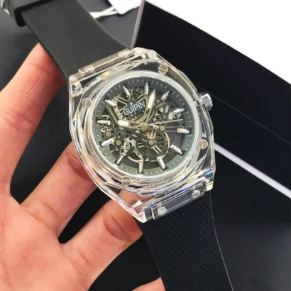 GUIPIN original men’s skeleton watch with transparent case, round dial, quartz movement, and silicone strap — bold design with smooth performance.