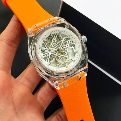 GUIPIN original men’s skeleton watch with transparent case, round dial, quartz movement, and silicone strap — bold design with smooth performance.